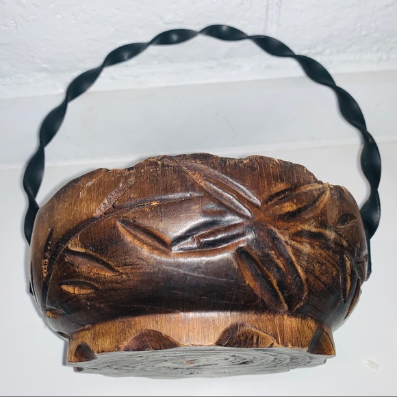 Solid Wood Carved Basket w/ Twisted Iron Handle - Picture 2 of 8